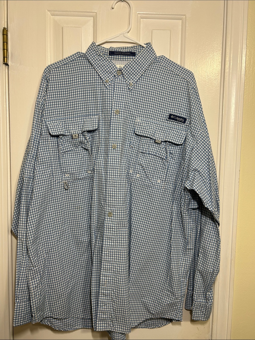 Columbia Men's Blue Check Button-Down Shirt, PFG, Super Bahama, Large
